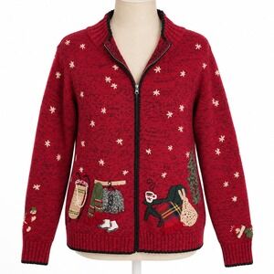 Vintage 90s Winter Embroidered Ski Zip Sweater Size M Red Cottagecore Christmas